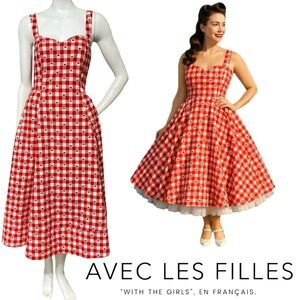 Avec Les Filles Cherry Pie Red Gingham Sweetheart Neck Fit & Flare Midi Dress- 8